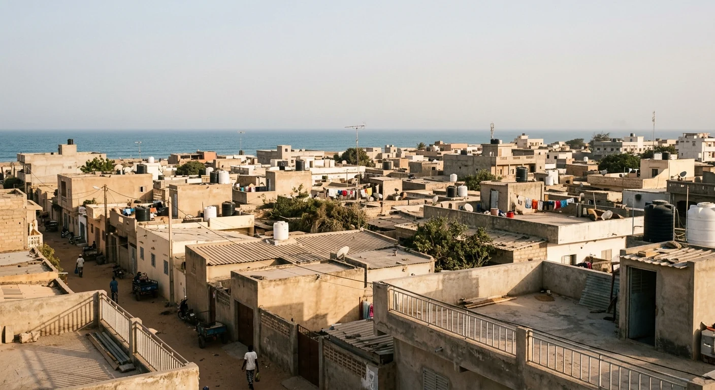 Ville côtière ouest-africaine en fin d'après-midi, vue depuis les toits