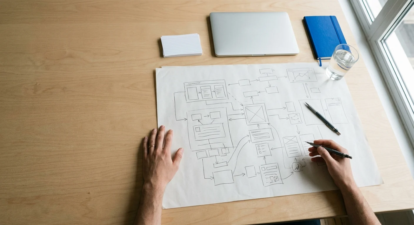 Table de travail vue de dessus : un schéma de flux tracé à la main, un carnet et des mains en train d'annoter