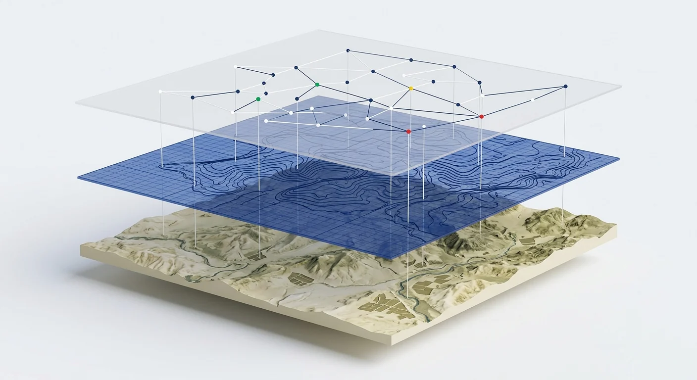 Couches d'analyse superposées au-dessus d'un relief de territoire : maquette de terrain, grille d'indicateurs et réseau de points de mesure