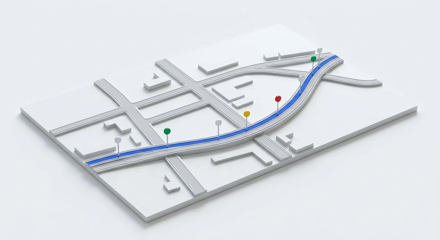 Maquette d'un réseau routier avec un itinéraire mis en évidence et des points de relevé jalonnés