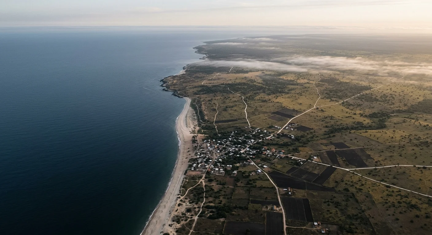 Vue aérienne du littoral ouest-africain au lever du jour : océan, cordon dunaire, village et parcelles cultivées